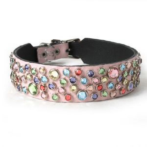 Muttropolis Multi Crystals on Light Pink Leather Dog Collar