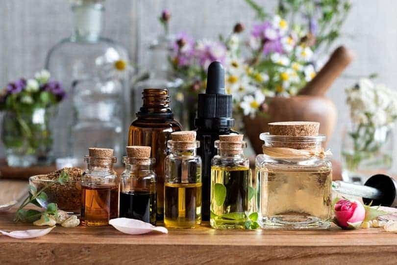 selection of essential oils on table