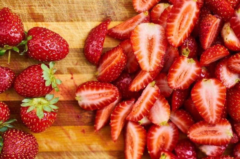 strawberries on wooden board